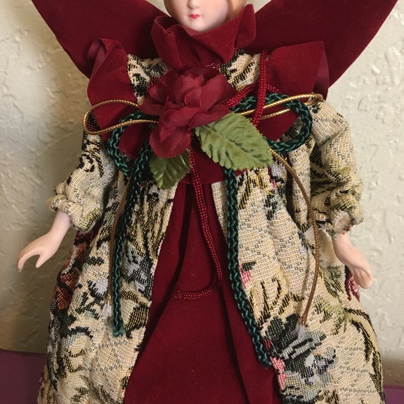 Christmas Tree Topper/Table Porcelain Angel Burgundy Tapestry Velvet Dress 11” - Picture 8 of 9